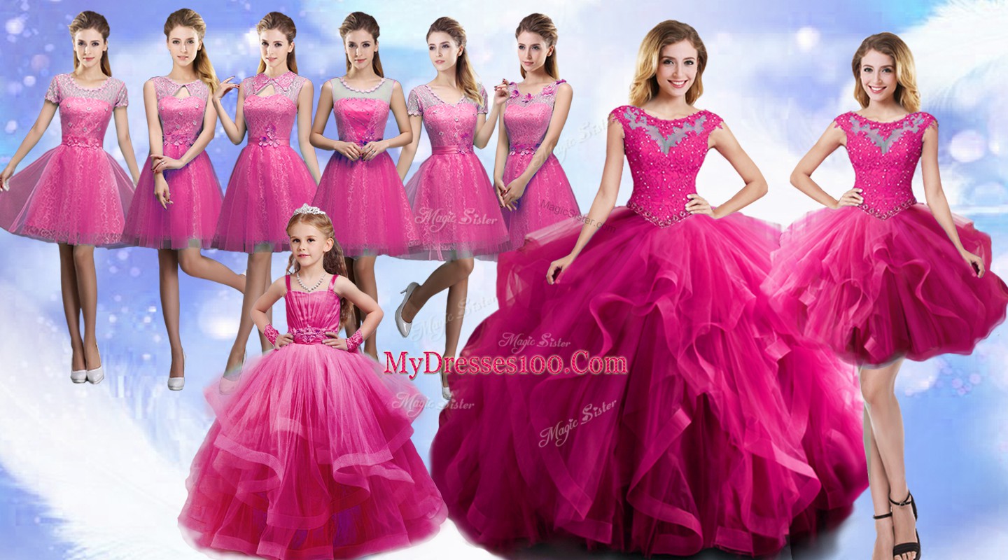 Trendy Ball Gowns Quinceanera Dress Fuchsia Scoop Organza Sleeveless Floor Length Lace Up