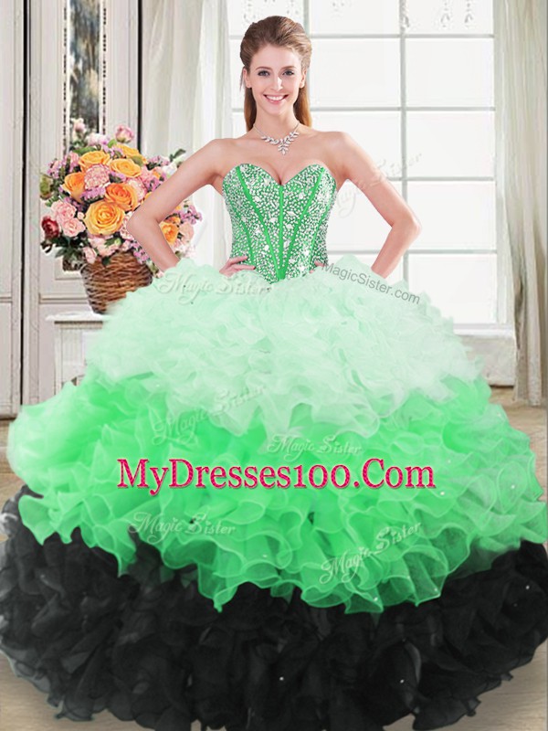 Sleeveless Floor Length Beading and Ruffles Lace Up Ball Gown Prom Dress with Multi-color