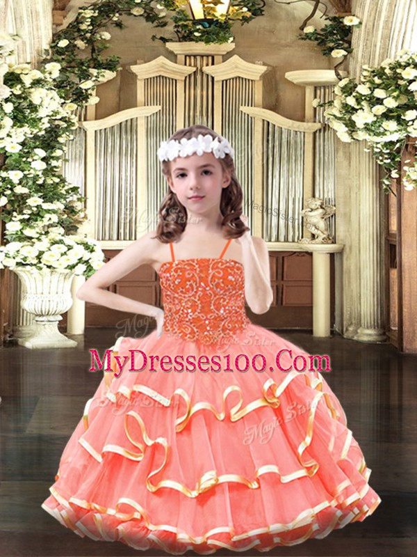 Ball Gowns Little Girl Pageant Dress Watermelon Red Scoop Organza Sleeveless Floor Length Lace Up