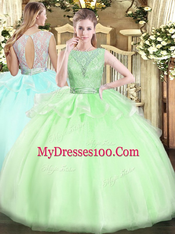 Pretty Ball Gowns Scoop Sleeveless Organza Floor Length Backless Lace 15 Quinceanera Dress