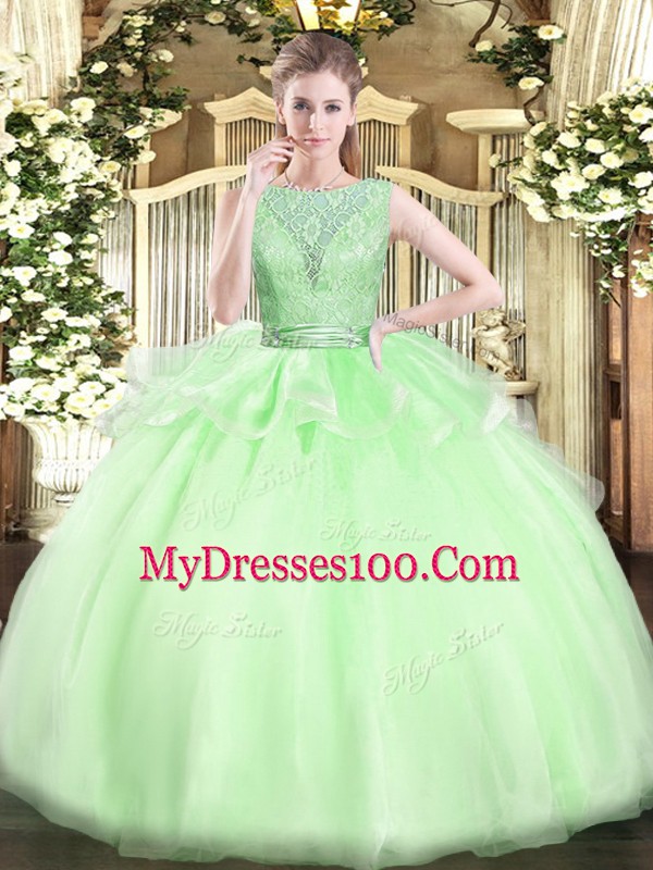 Pretty Ball Gowns Scoop Sleeveless Organza Floor Length Backless Lace 15 Quinceanera Dress