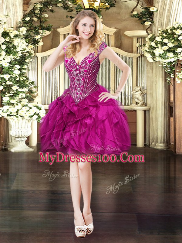 Fuchsia Ball Gowns V-neck Sleeveless Organza Mini Length Lace Up Beading and Ruffles Prom Evening Gown