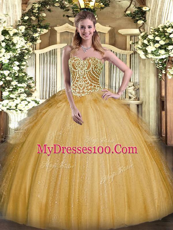 Attractive Beading and Ruffles Quinceanera Gowns Gold Lace Up Sleeveless Floor Length