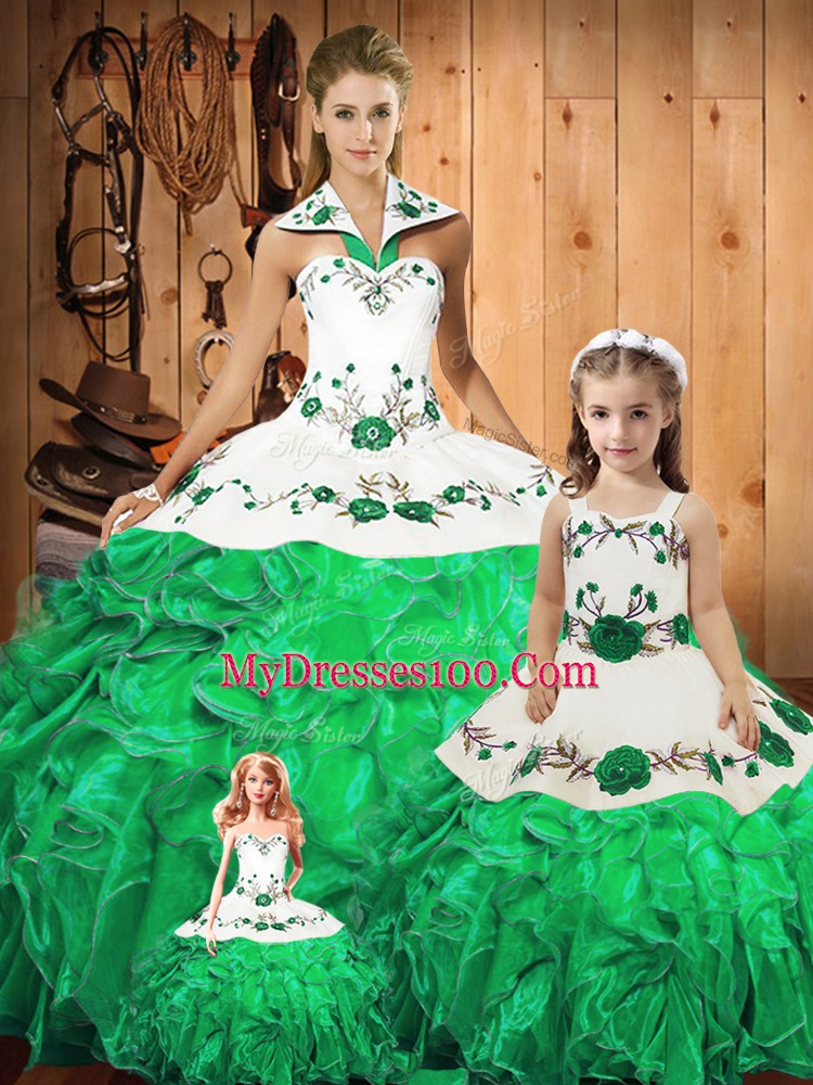 Green Sleeveless Embroidery and Ruffles and Bowknot Floor Length Sweet 16 Dress