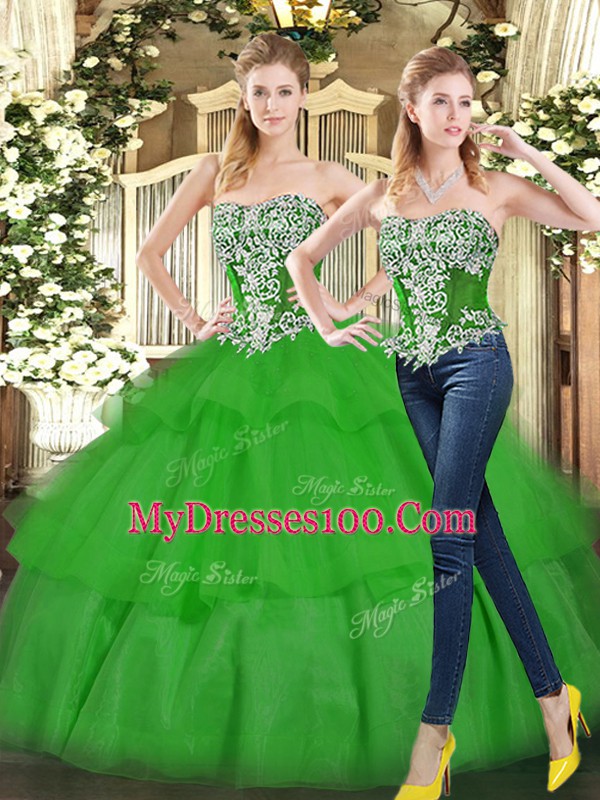 Sleeveless Tulle Floor Length Lace Up 15 Quinceanera Dress in Green with Beading and Ruffled Layers
