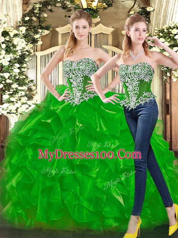 Luxury Green Sleeveless Floor Length Beading and Ruffles Lace Up Sweet 16 Dress