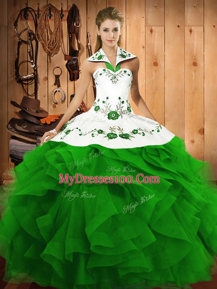 Discount Green Ball Gowns Embroidery and Ruffles Vestidos de Quinceanera Lace Up Tulle Sleeveless Floor Length