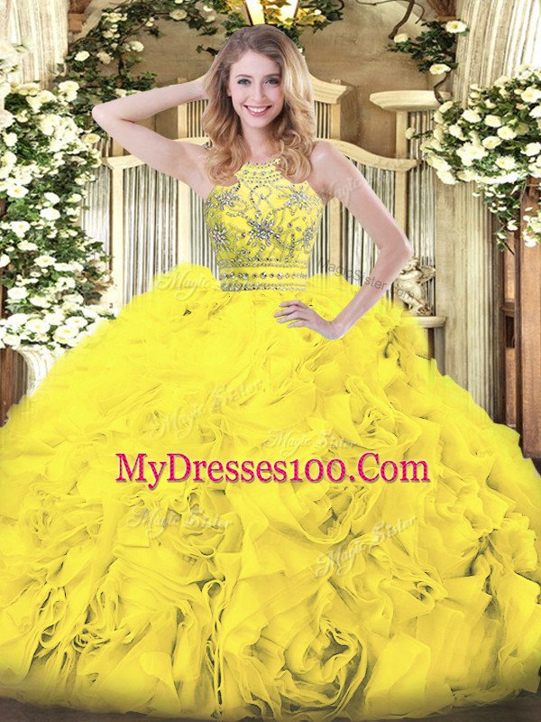 Chic Tulle Halter Top Sleeveless Zipper Beading and Ruffles Quince Ball Gowns in Gold