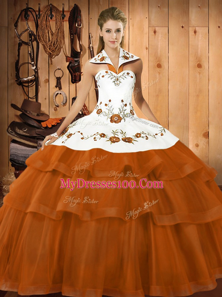 Halter Top Sleeveless Ball Gown Prom Dress Brush Train Embroidery and Ruffled Layers Rust Red Satin and Organza