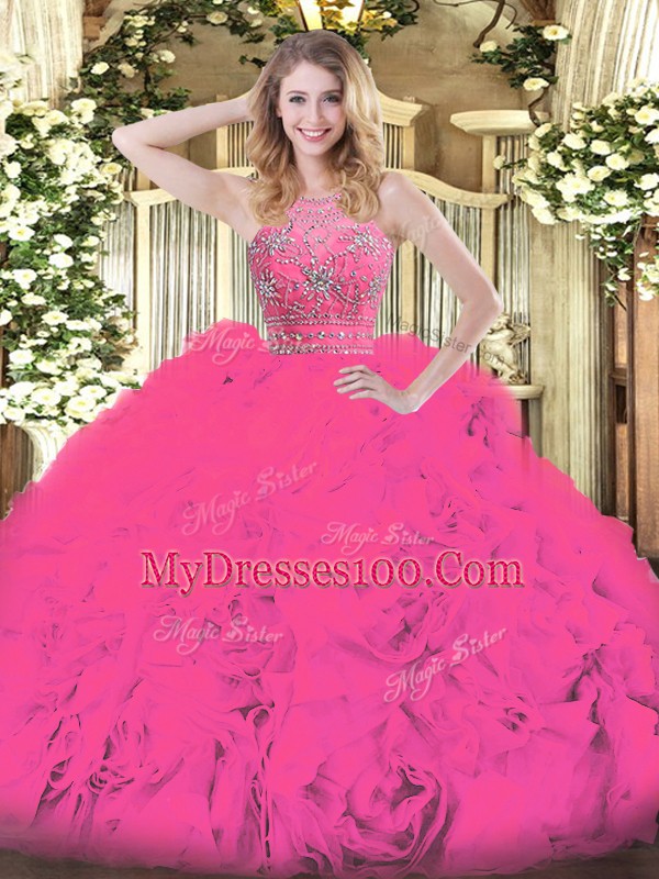Customized Hot Pink Halter Top Neckline Beading and Ruffles Quince Ball Gowns Sleeveless Zipper