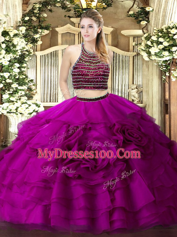 Ideal Fuchsia Sleeveless Beading and Ruffled Layers Floor Length Quinceanera Gowns