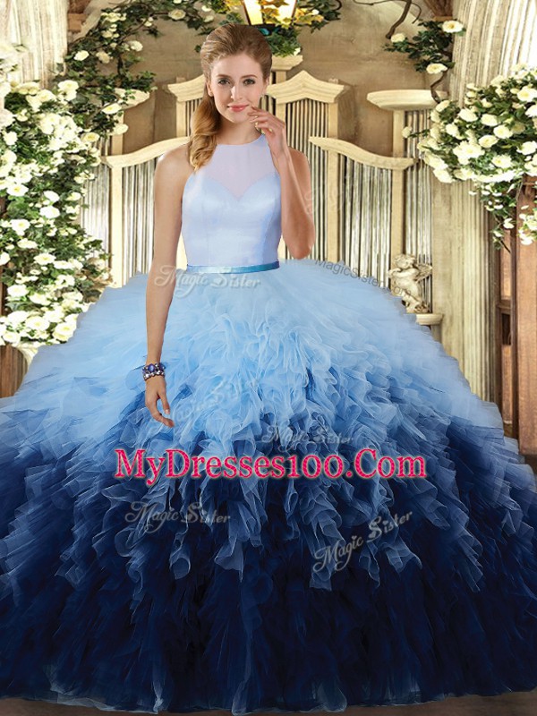 Traditional Ruffles 15th Birthday Dress Multi-color Backless Sleeveless Floor Length