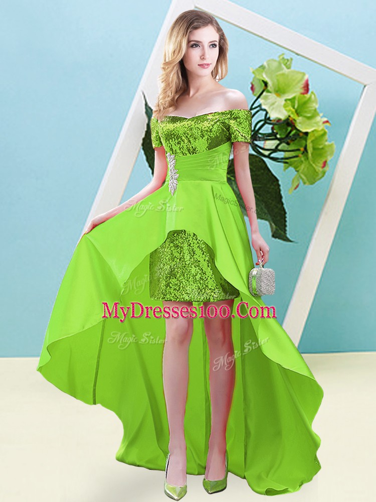 Elastic Woven Satin and Sequined Lace Up Evening Dress Short Sleeves High Low Beading