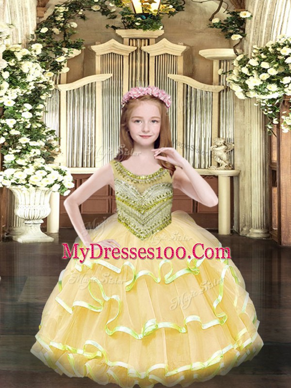 Customized Gold Sleeveless Floor Length Beading and Ruffled Layers Lace Up Evening Gowns
