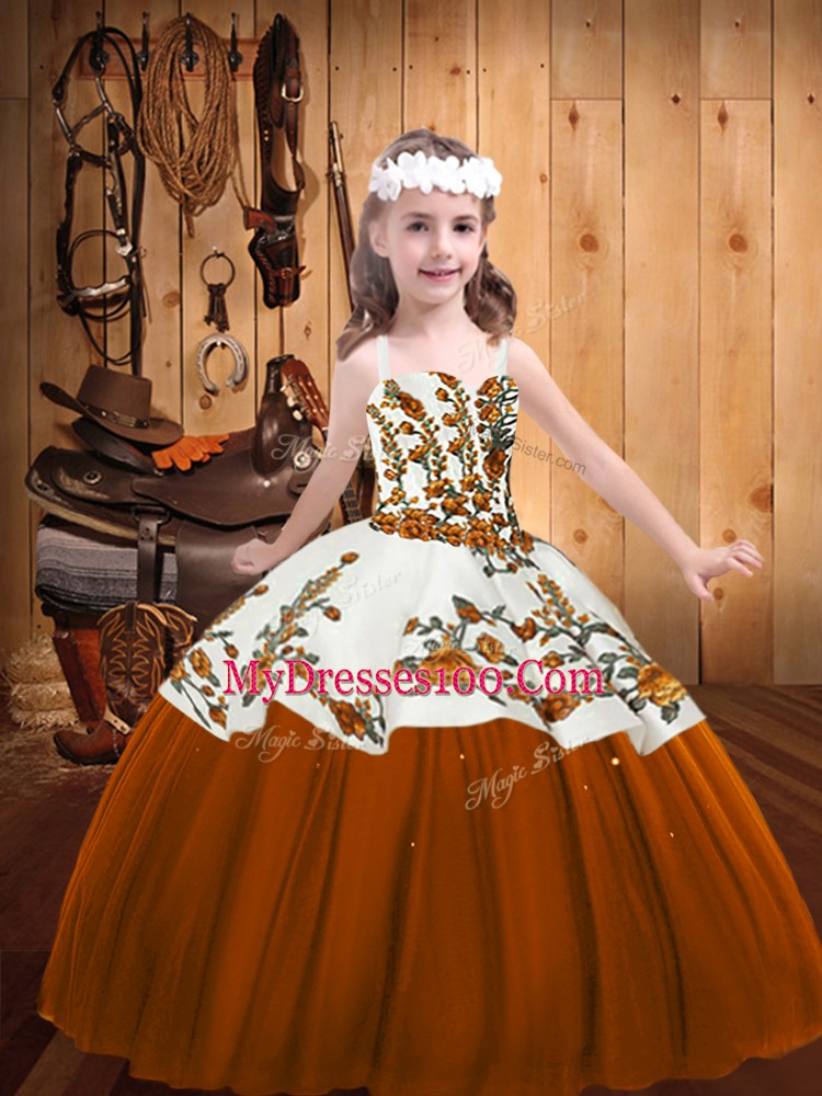 Popular Brown Tulle Lace Up Winning Pageant Gowns Sleeveless Floor Length Embroidery