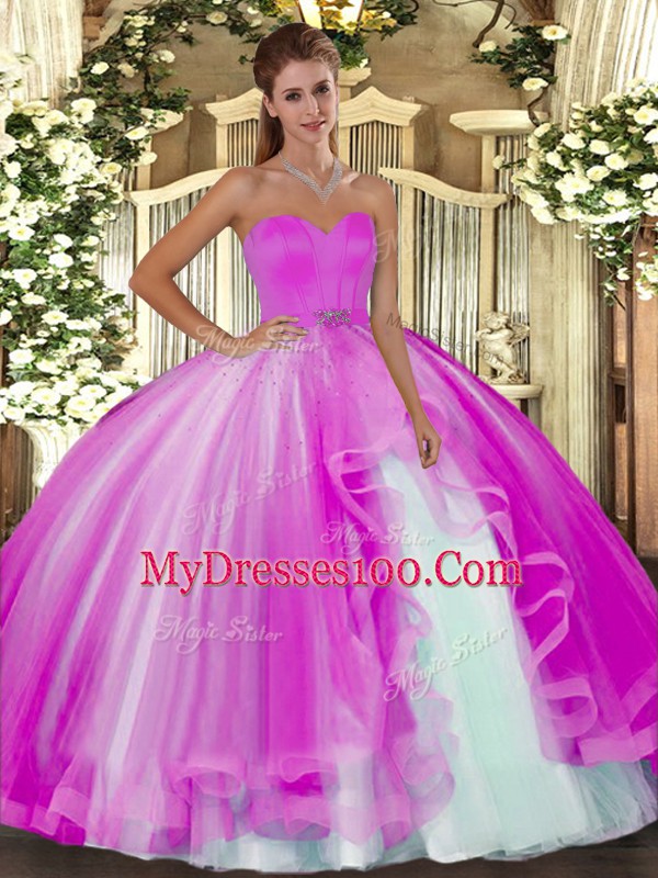 Floor Length Ball Gowns Sleeveless Fuchsia Quince Ball Gowns Lace Up