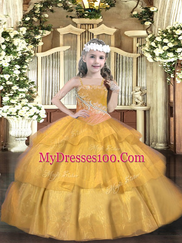 Gold Lace Up Straps Beading and Ruffled Layers and Sequins Little Girl Pageant Dress Organza Sleeveless