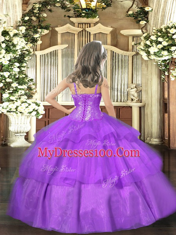 Gold Lace Up Straps Beading and Ruffled Layers and Sequins Little Girl Pageant Dress Organza Sleeveless