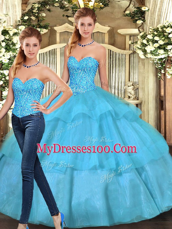 Fashion Sleeveless Floor Length Ruffled Layers Lace Up 15th Birthday Dress with Aqua Blue