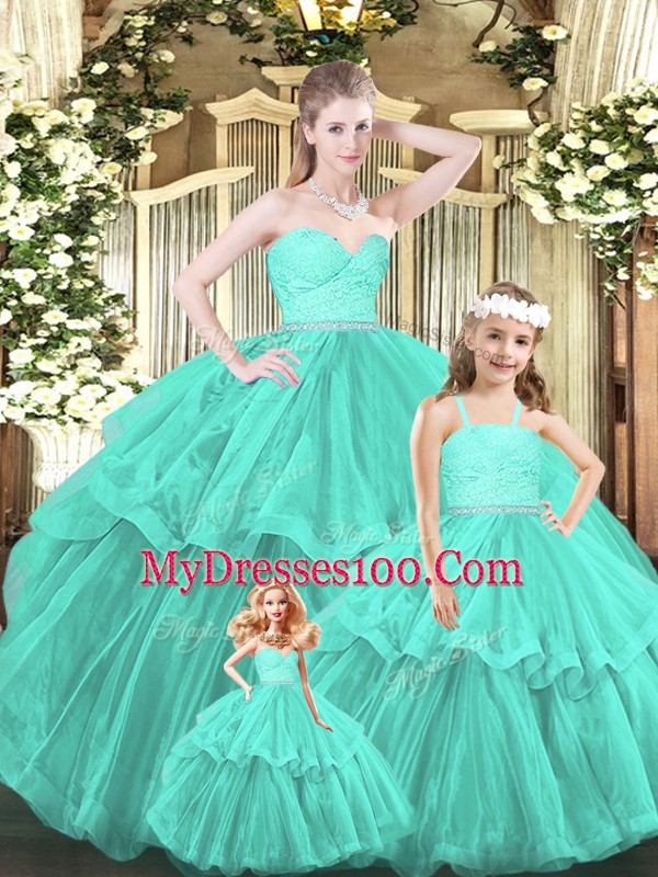 Sleeveless Floor Length Lace and Ruffled Layers Lace Up Sweet 16 Dress with Aqua Blue