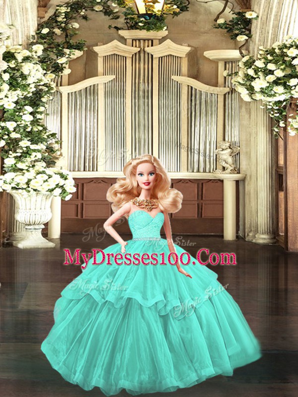 Sleeveless Floor Length Lace and Ruffled Layers Lace Up Sweet 16 Dress with Aqua Blue
