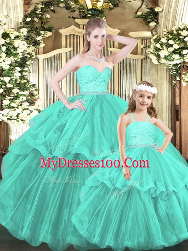 Sleeveless Floor Length Lace and Ruffled Layers Lace Up Sweet 16 Dress with Aqua Blue