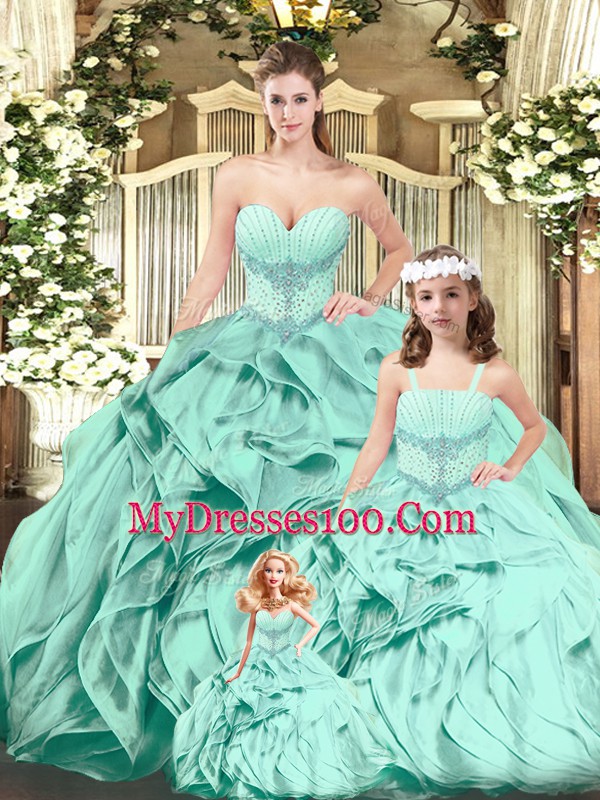 Classical Aqua Blue Sleeveless Organza Lace Up Quinceanera Dress for Military Ball and Sweet 16 and Quinceanera