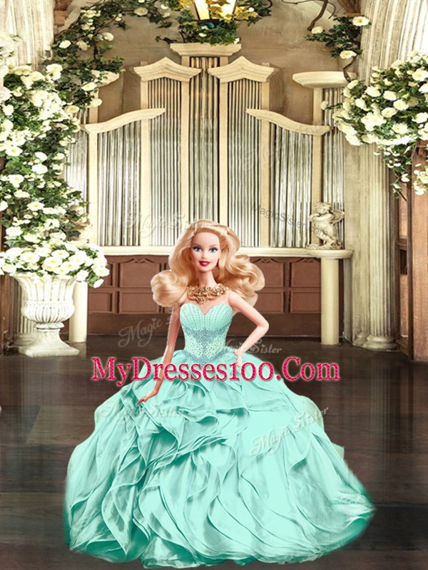 Classical Aqua Blue Sleeveless Organza Lace Up Quinceanera Dress for Military Ball and Sweet 16 and Quinceanera