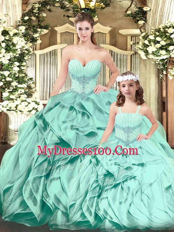 Classical Aqua Blue Sleeveless Organza Lace Up Quinceanera Dress for Military Ball and Sweet 16 and Quinceanera