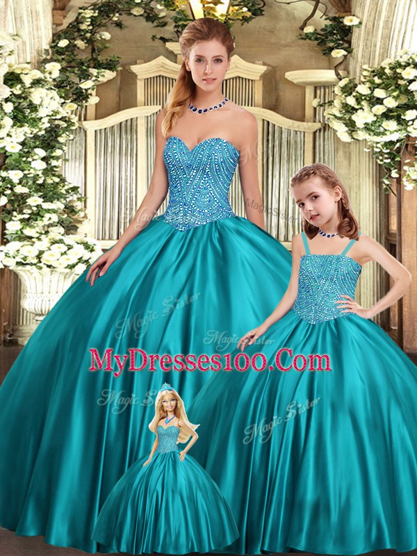 Sleeveless Organza Floor Length Lace Up 15th Birthday Dress in Teal with Beading