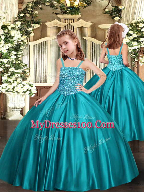 Sleeveless Organza Floor Length Lace Up 15th Birthday Dress in Teal with Beading