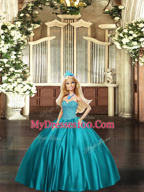 Sleeveless Organza Floor Length Lace Up 15th Birthday Dress in Teal with Beading