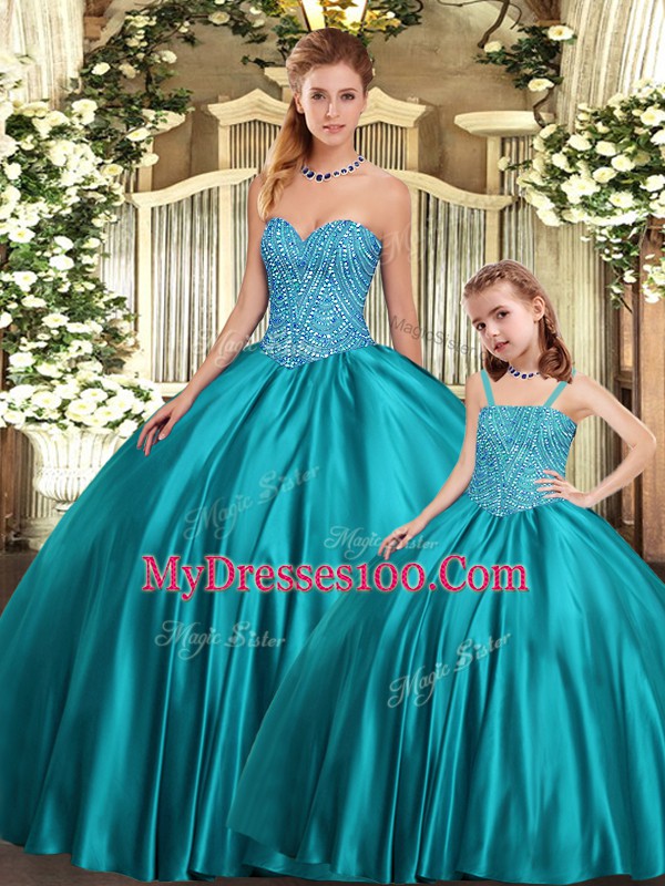 Sleeveless Organza Floor Length Lace Up 15th Birthday Dress in Teal with Beading