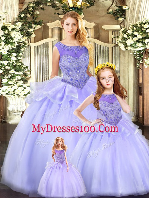Lavender Ball Gowns Scoop Sleeveless Tulle Floor Length Lace Up Beading Quinceanera Gown