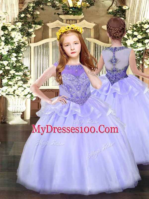 Lavender Ball Gowns Scoop Sleeveless Tulle Floor Length Lace Up Beading Quinceanera Gown