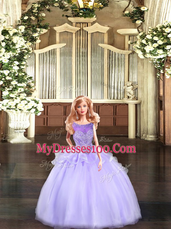 Lavender Ball Gowns Scoop Sleeveless Tulle Floor Length Lace Up Beading Quinceanera Gown