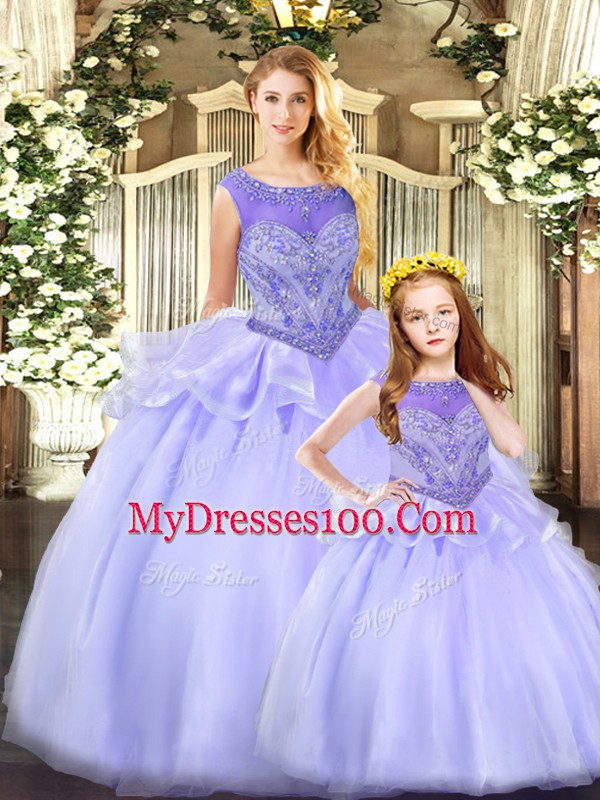 Lavender Ball Gowns Scoop Sleeveless Tulle Floor Length Lace Up Beading Quinceanera Gown