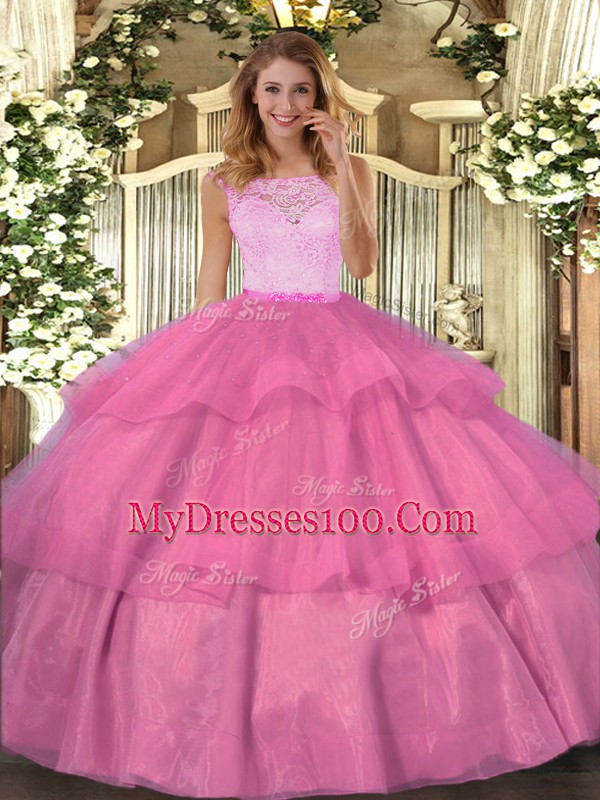 Deluxe Hot Pink Quinceanera Dress Military Ball and Sweet 16 and Quinceanera with Lace and Ruffled Layers Scoop Sleeveless Clasp Handle