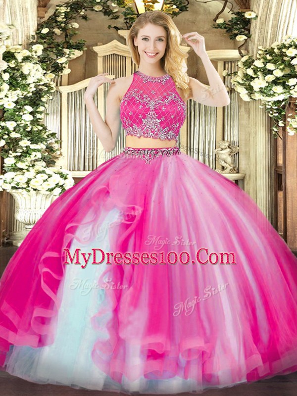 Extravagant Ball Gowns Vestidos de Quinceanera Hot Pink Scoop Organza Sleeveless Floor Length Zipper
