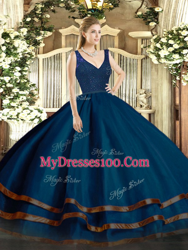 V-neck Sleeveless 15th Birthday Dress Floor Length Beading and Lace and Ruffled Layers Navy Blue Organza