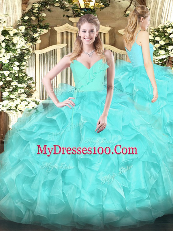 Adorable Aqua Blue Zipper Spaghetti Straps Ruffles 15th Birthday Dress Organza Sleeveless