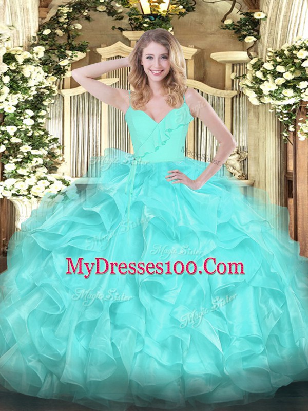 Adorable Aqua Blue Zipper Spaghetti Straps Ruffles 15th Birthday Dress Organza Sleeveless