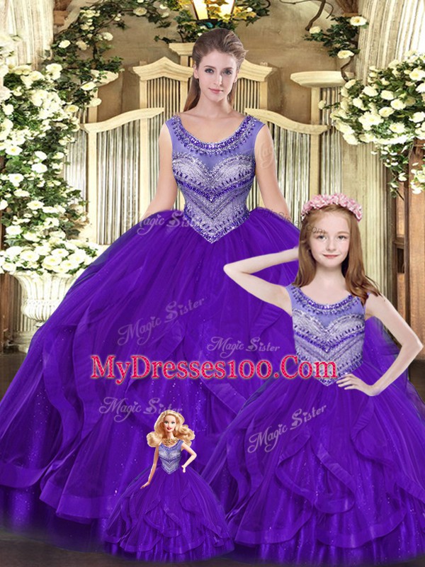 Suitable Beading and Ruffles Sweet 16 Dresses Eggplant Purple Lace Up Sleeveless Floor Length