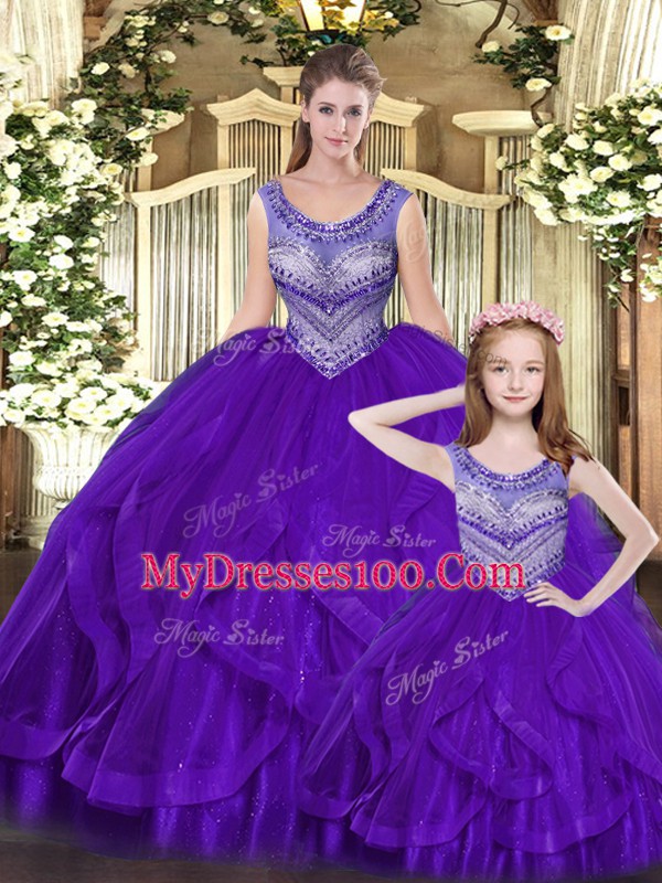 Suitable Beading and Ruffles Sweet 16 Dresses Eggplant Purple Lace Up Sleeveless Floor Length