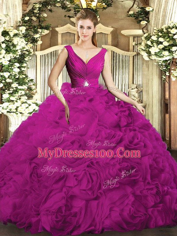 Fuchsia Sleeveless Beading and Ruching Floor Length 15 Quinceanera Dress