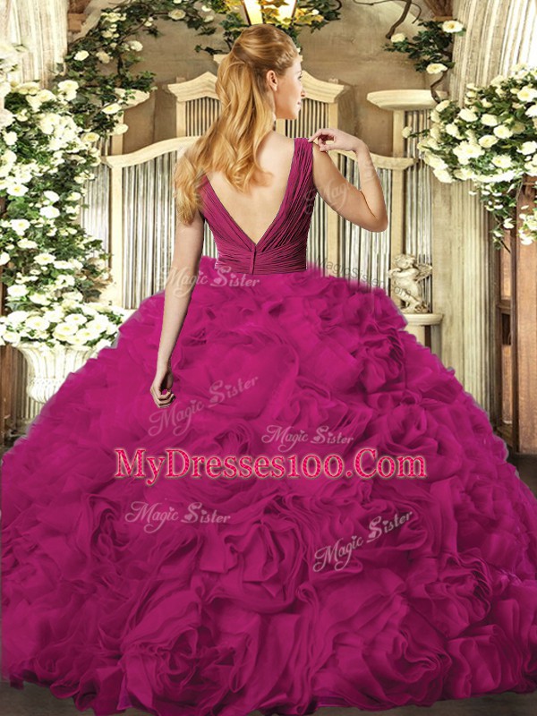 Fuchsia Sleeveless Beading and Ruching Floor Length 15 Quinceanera Dress