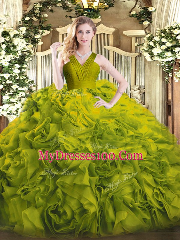 Olive Green Fabric With Rolling Flowers Zipper V-neck Sleeveless Floor Length Quinceanera Gowns Ruffles
