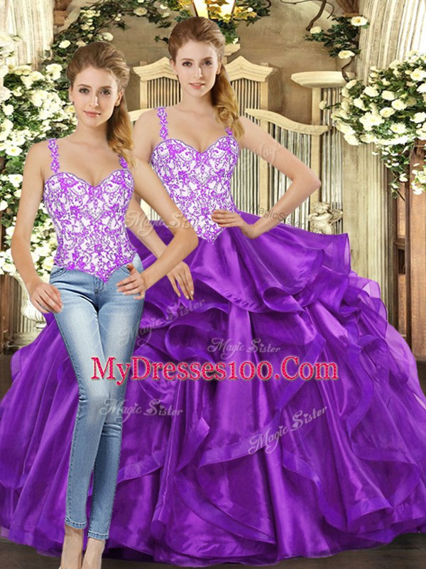 Eggplant Purple Sleeveless Beading and Ruffles Floor Length 15 Quinceanera Dress