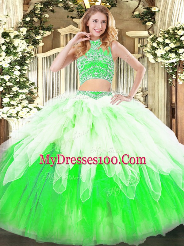 Dramatic Floor Length Multi-color Sweet 16 Dresses Tulle Sleeveless Beading and Ruffles