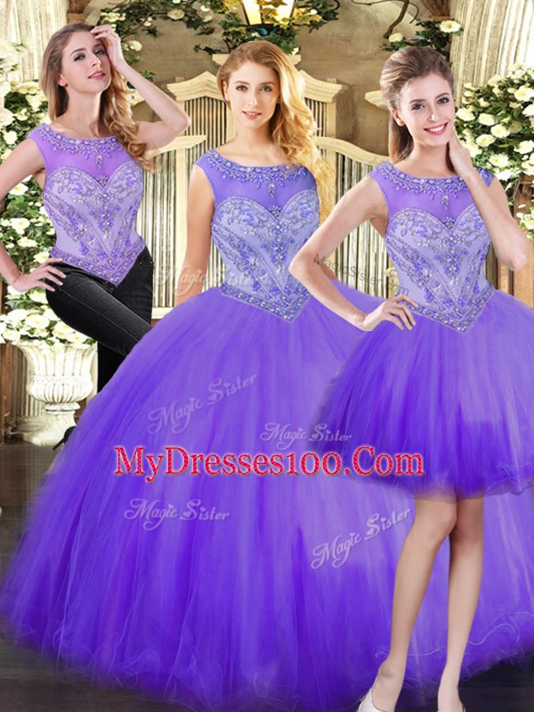 Unique Scoop Sleeveless Zipper 15th Birthday Dress Eggplant Purple Tulle